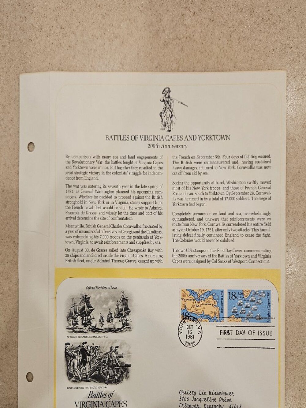 RARE COLLECTIBLE USPS 1ST DAY ISSUE COVER BATTLES VIRGINIA CAPES YORKTOWN STAMP
